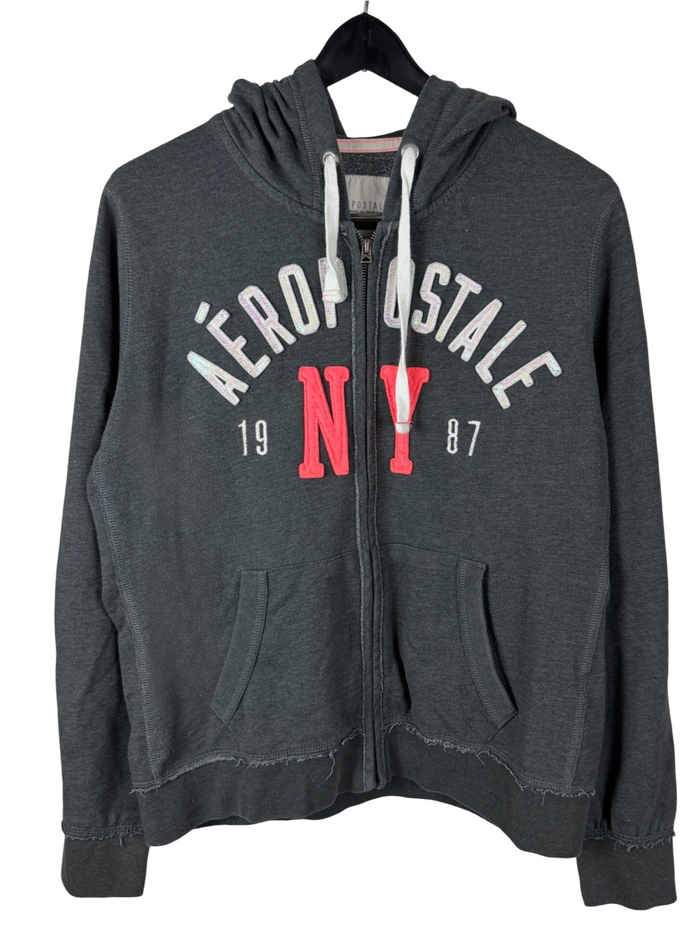 Women’s Y2K Aeropostale New York Arch Logo Grey Full Zip Hoodie Size XL